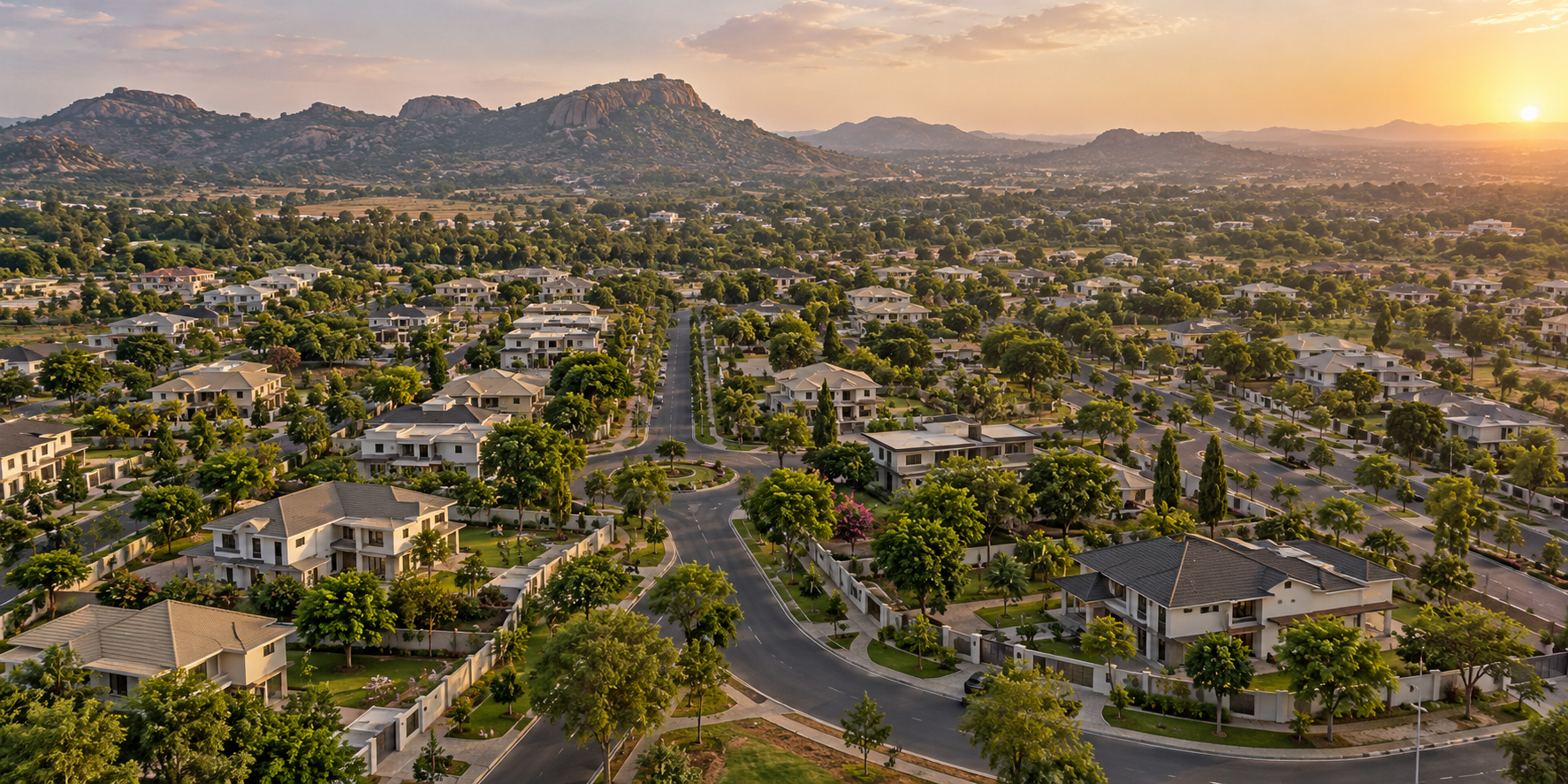 Illustrative aerial view of an organised residential neighbourhood surrounded by greenery